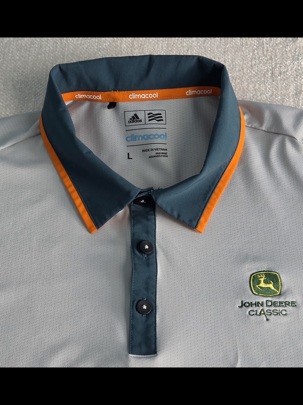 Adidas ClimaCool John Deere Classic Golf Polo Shirt Mens Large Gray Orange